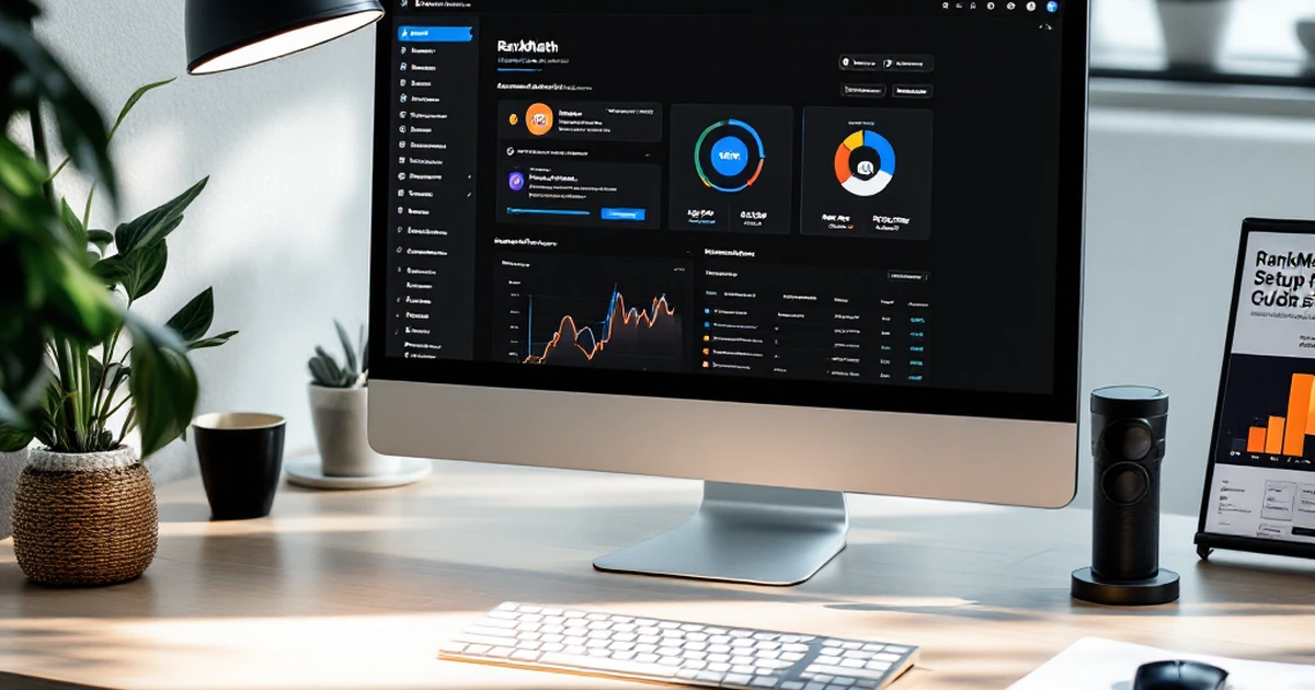 Workspace with WordPress dashboard and RankMath guide.