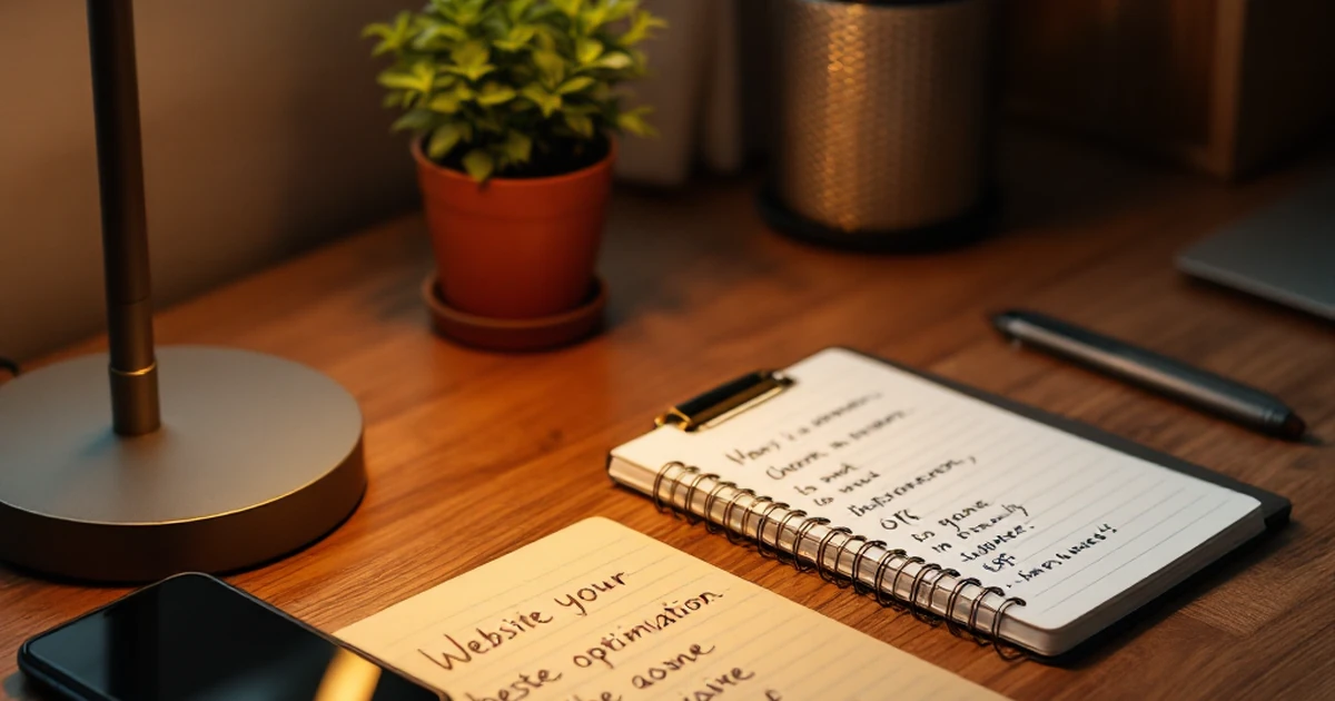 Desk setup with notebook and smartphone for website optimization.