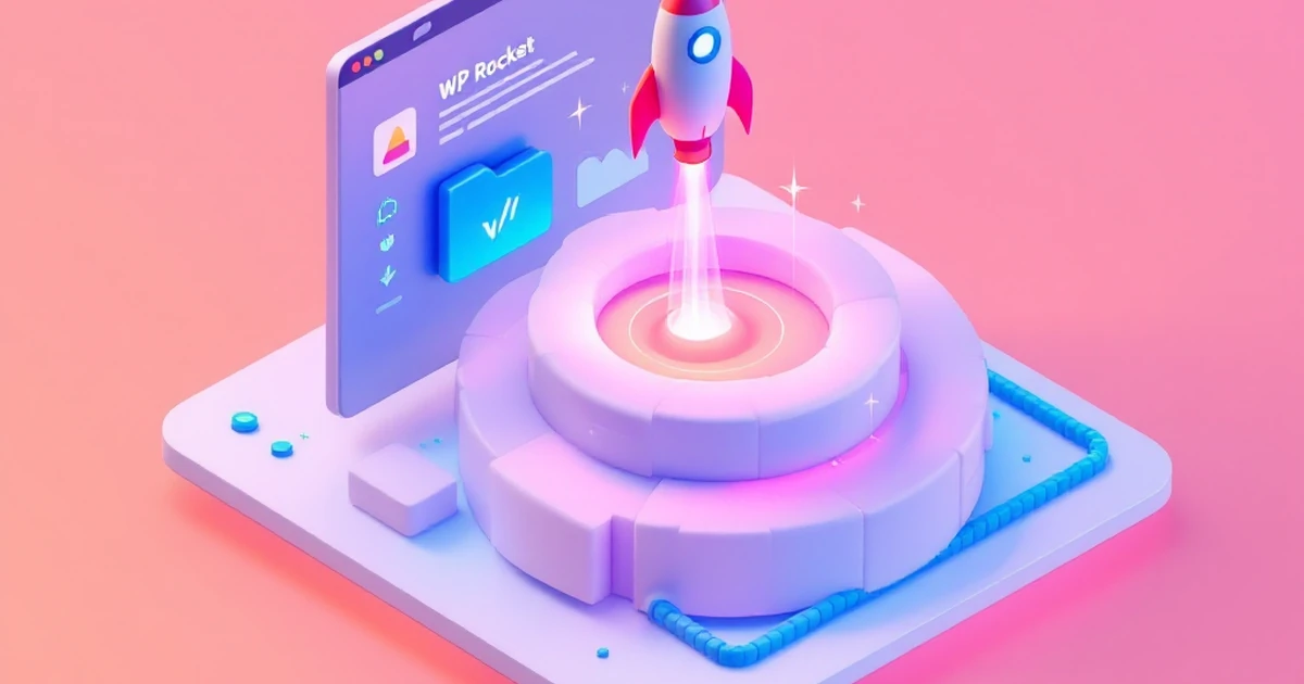 Isometric view of WP Rocket plugin interface with icons for caching and file compression.