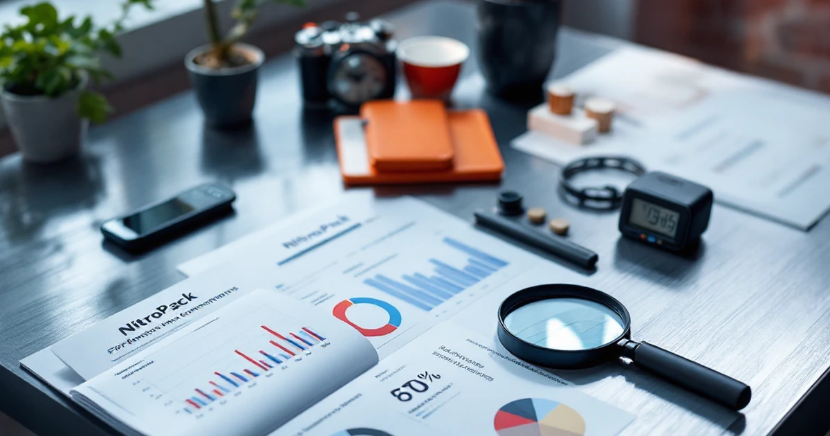 Product shot of NitroPack features with graphs and stopwatch showing performance improvements.
