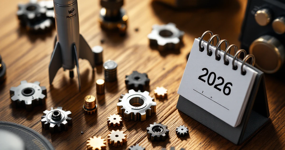 WP Rocket tools with rocket model, gears, and 2026 calendar on wooden desk.