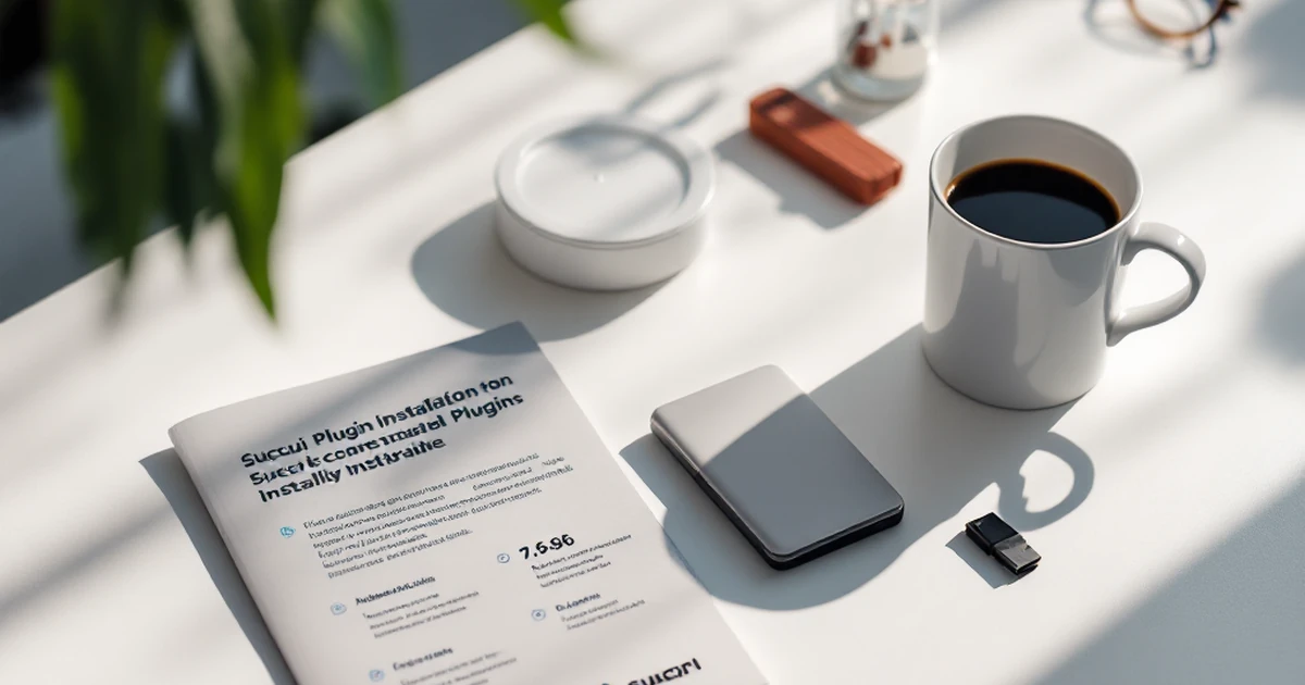 Sucuri plugin installation materials on a white table with a guide and USB stick.