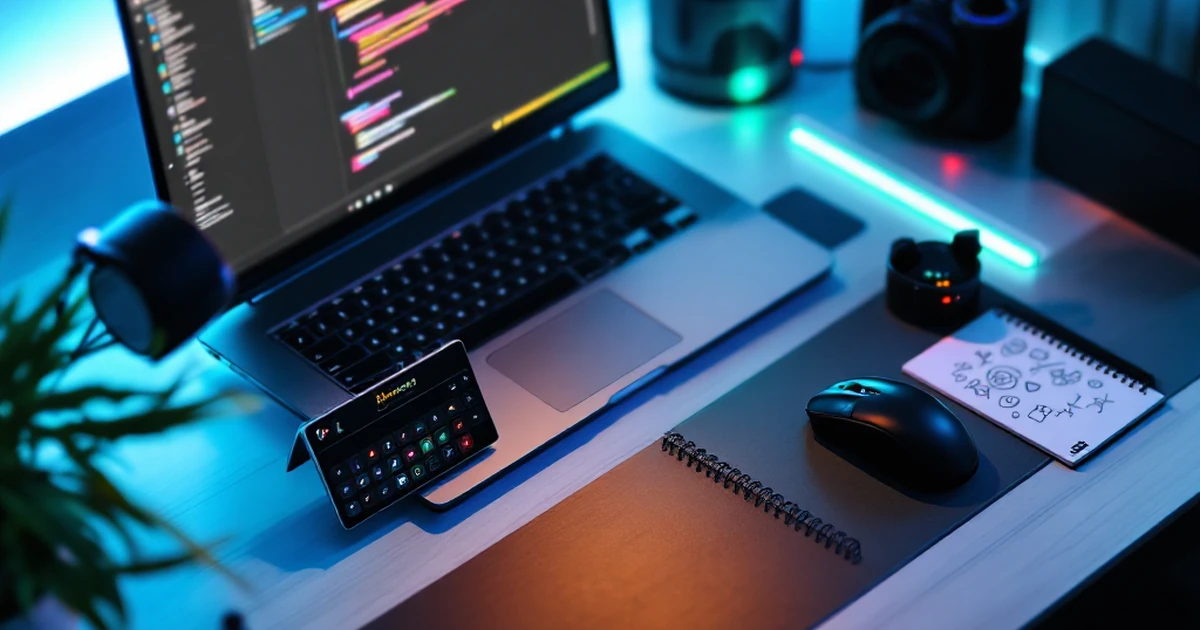 Isometric view of a desk setup with a laptop keyboard and notepad for plugin installation.