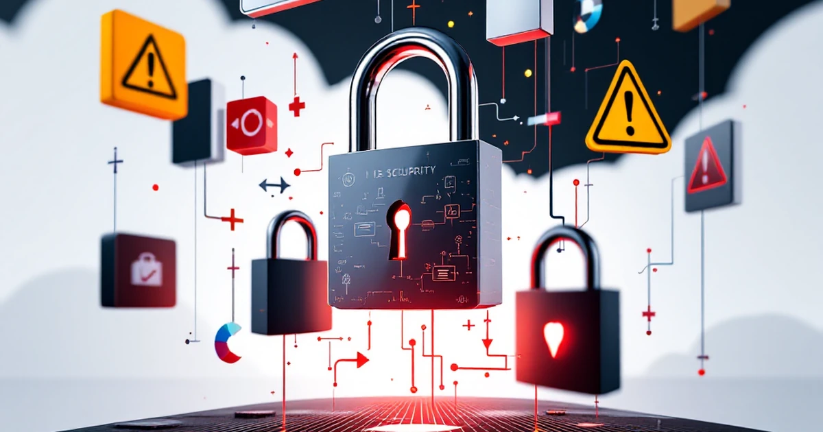Abstract image of troubleshooting security issues with icons of padlocks and warning signs.