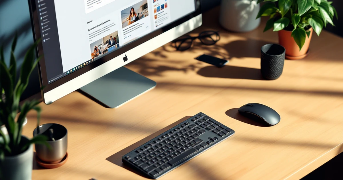 Isometric view of a tech workspace with keyboard and mouse for WordPress setup.