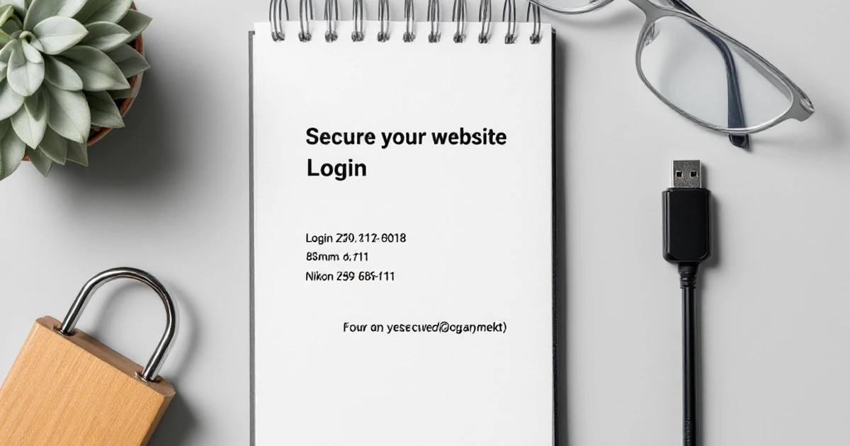 Flat lay of tools for website security with notepad and USB drive.