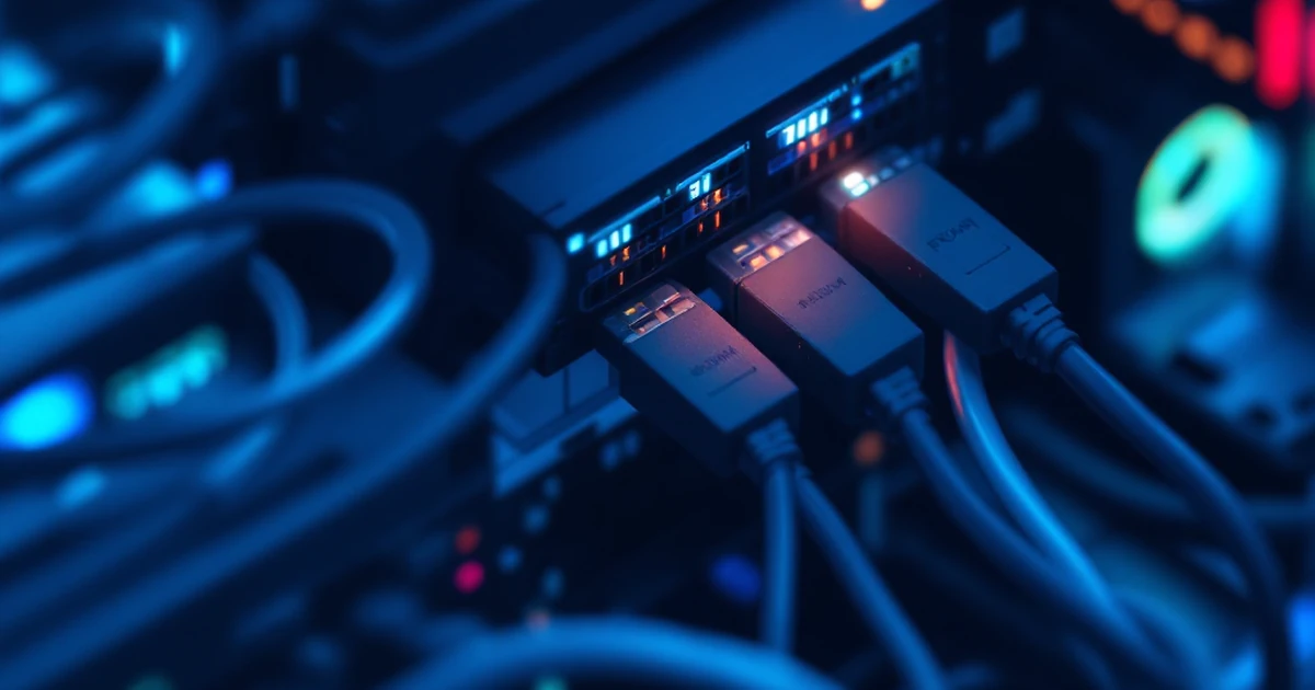 Shared hosting server rack showing interconnected cables.