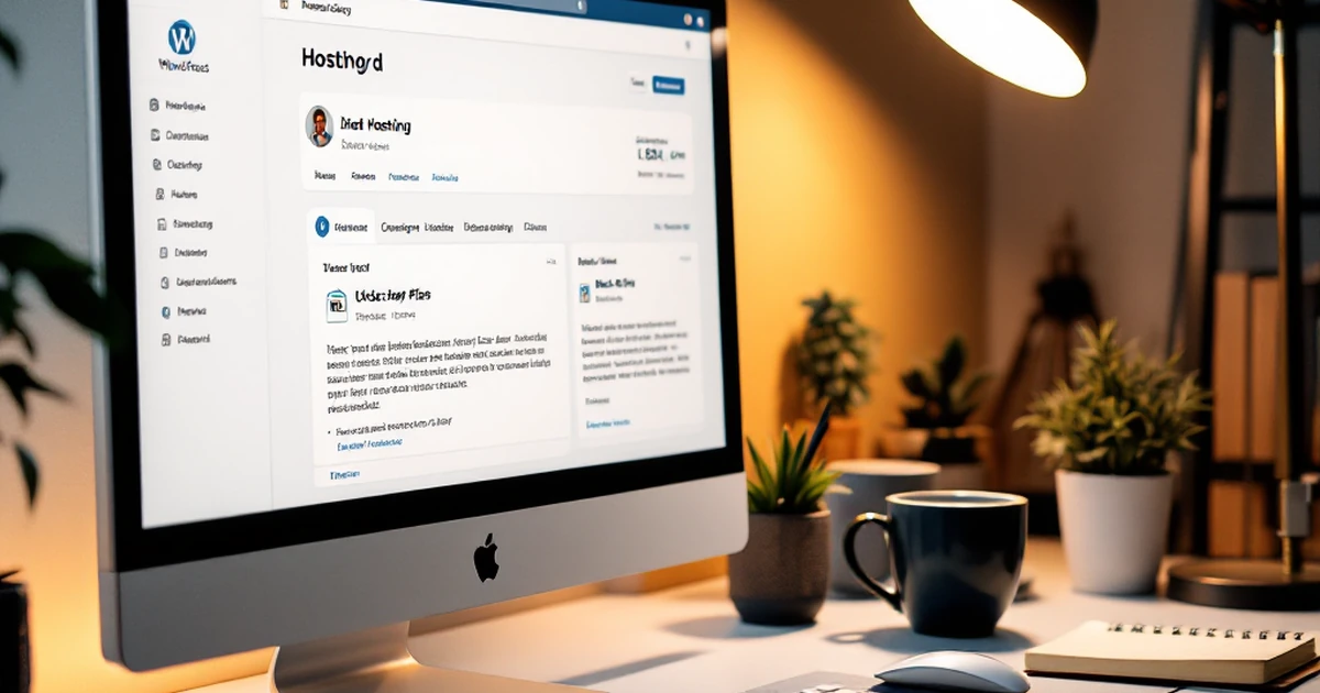 Workspace with WordPress dashboard and hosting plans on display.