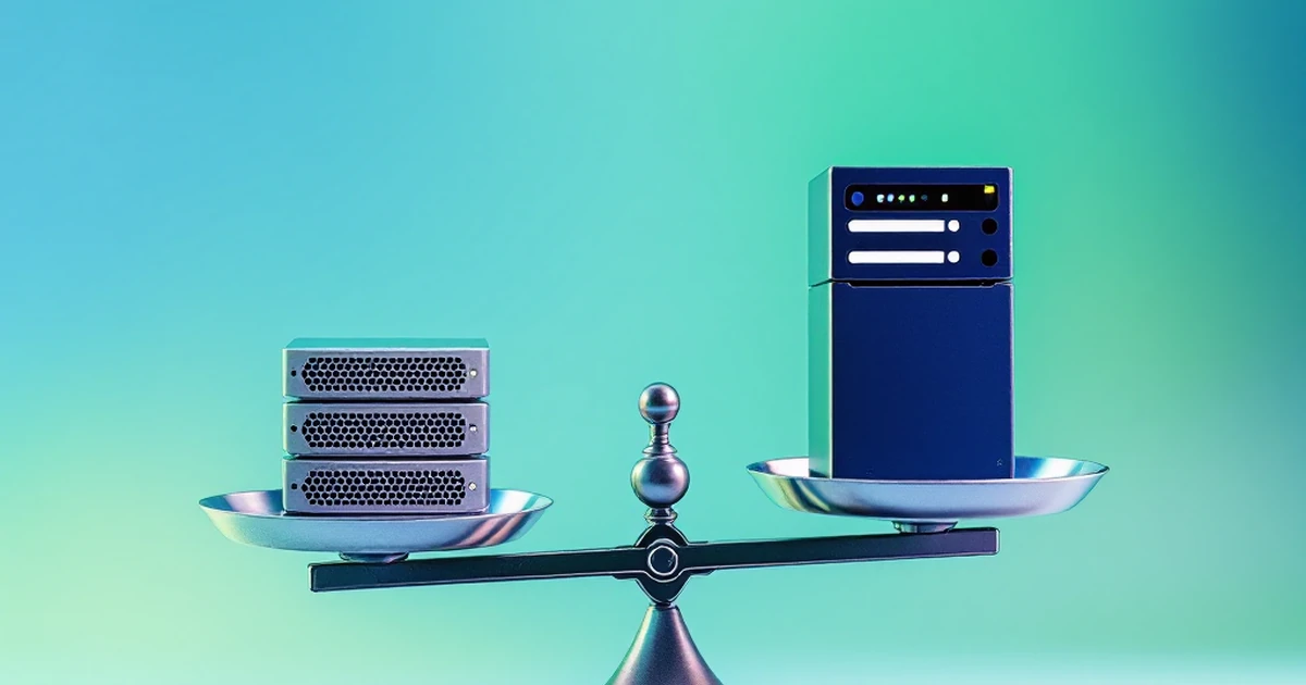 Abstract scale balancing shared and managed hosting icons.