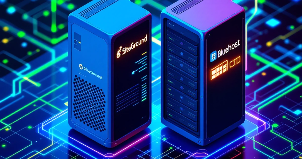 Isometric view of server racks for SiteGround and Bluehost on a digital grid.