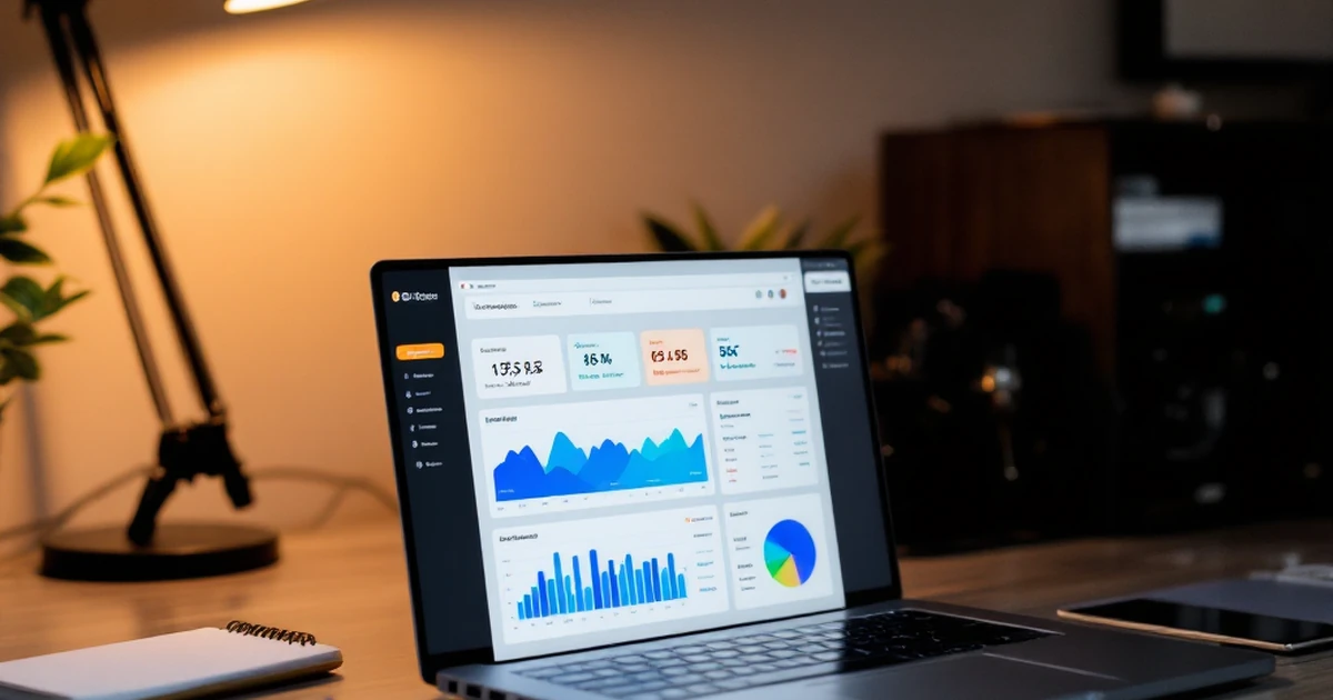 Workspace with laptop showing hosting stats, notepad, and pen.