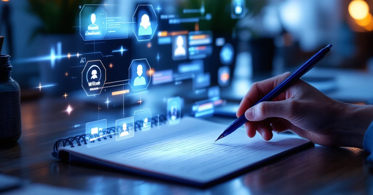 Digital workspace with holographic AI writing plugin icons.