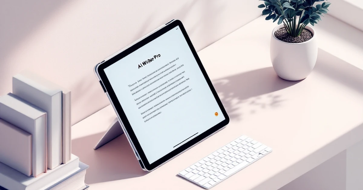 Isometric view of tablet with AI Writer Pro app and books on desk.