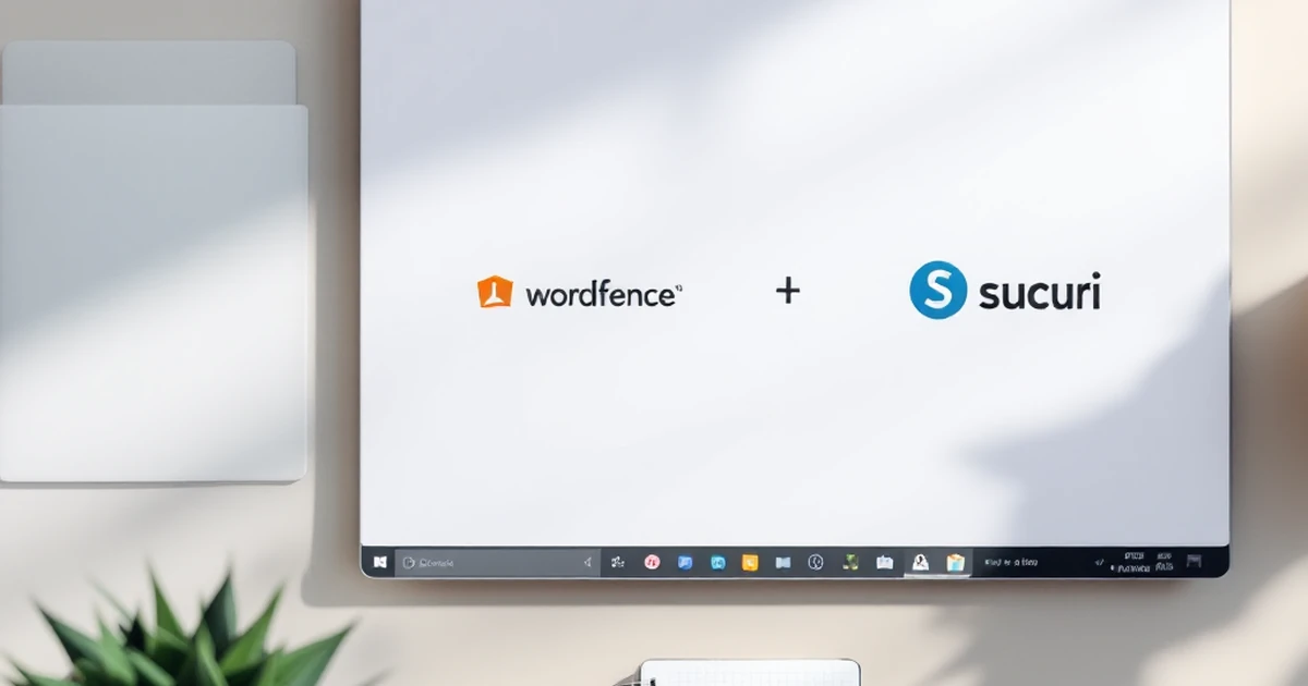 Flat lay showing WordPress installation with security plugin logos.