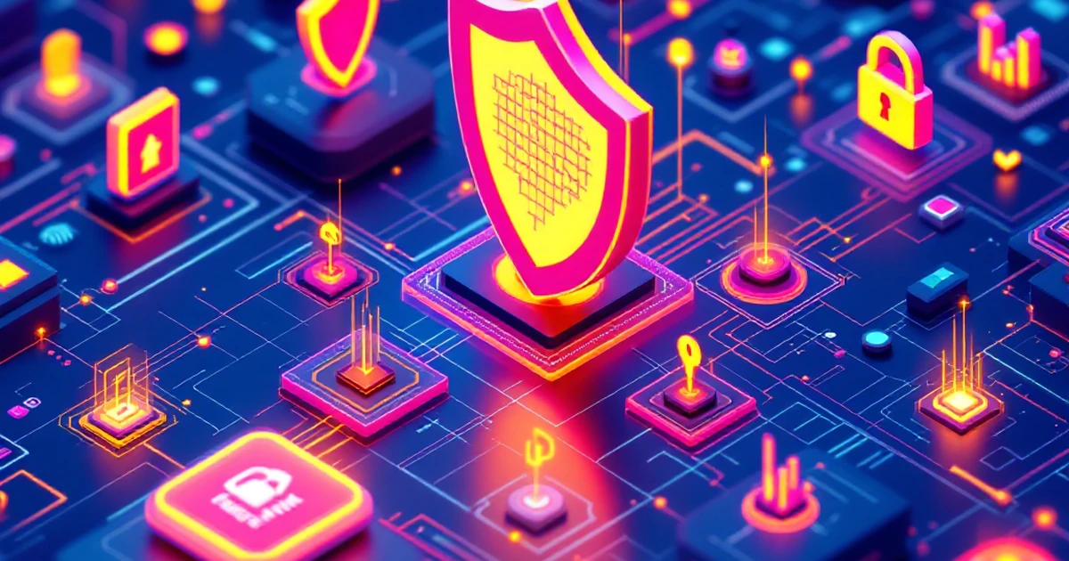 Isometric illustration of digital security elements on a virtual grid.