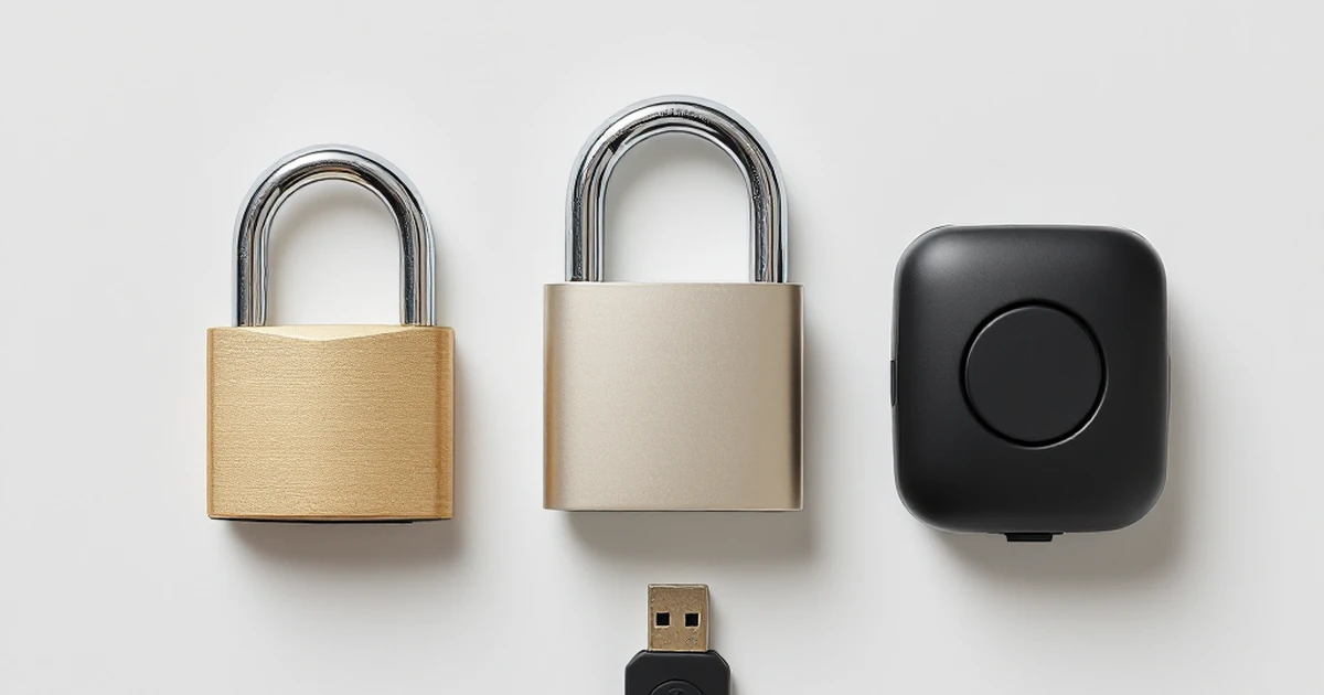 Product photo of affordable security gadgets including a padlock and USB key.