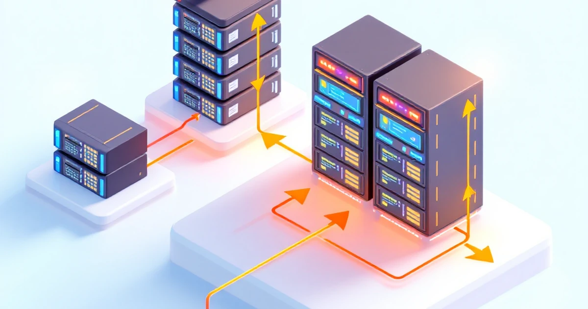 Isometric illustration of server racks and data flow.