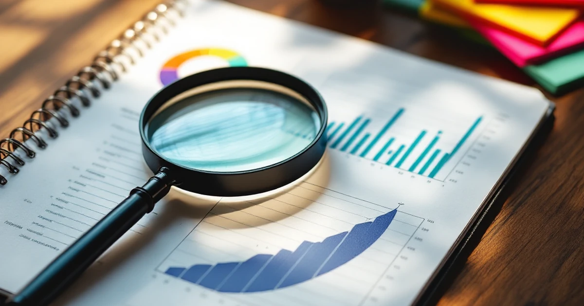 Workspace setup with notepad, magnifying glass, and sticky notes.