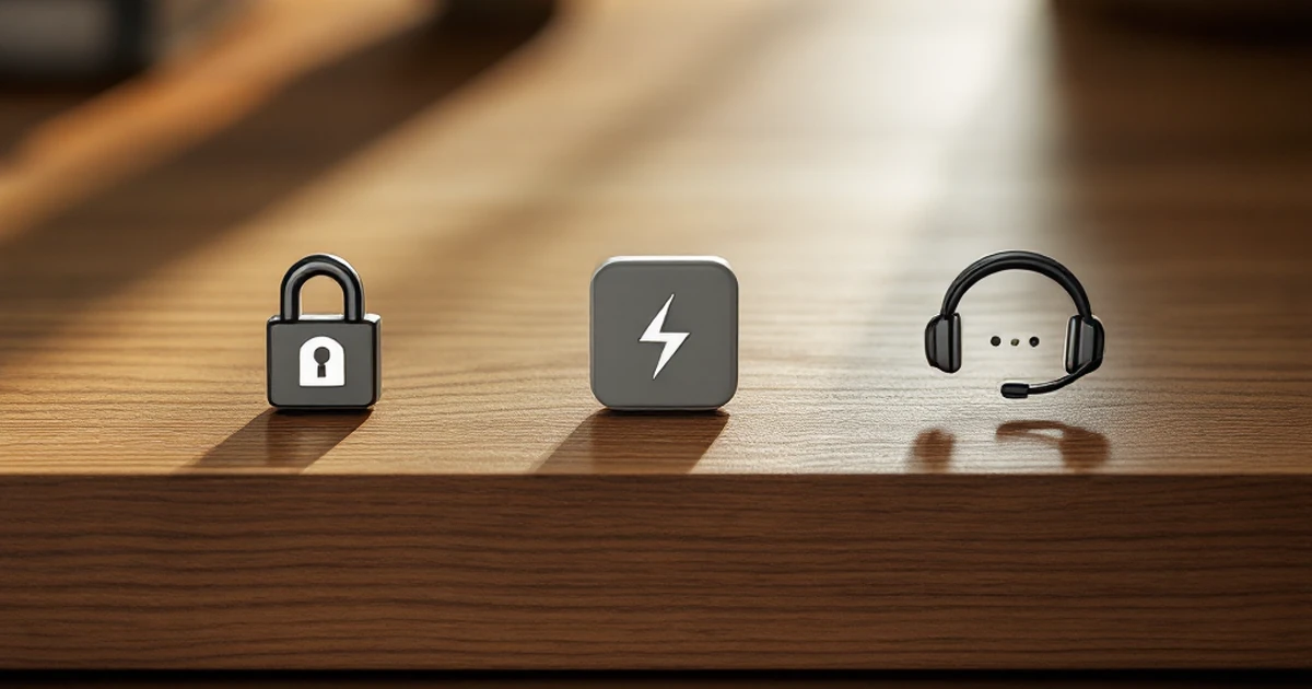 Editorial image of hosting feature icons on a wooden desk.