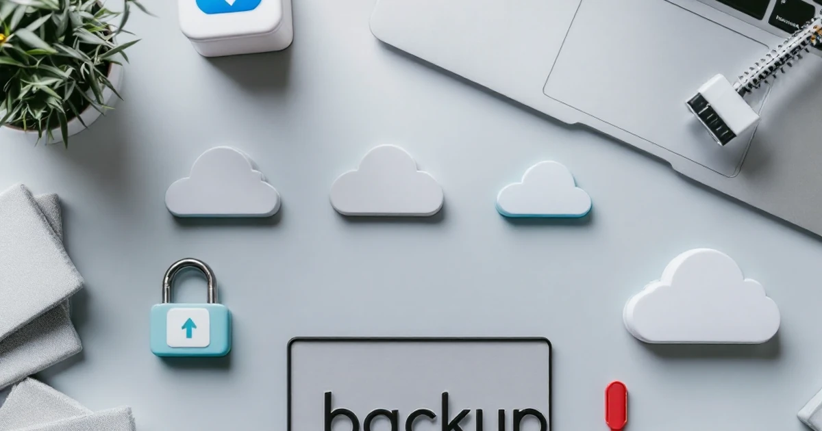 Editorial image showing essential tools for WordPress website backup, including plugin icons and cloud storage symbols.
