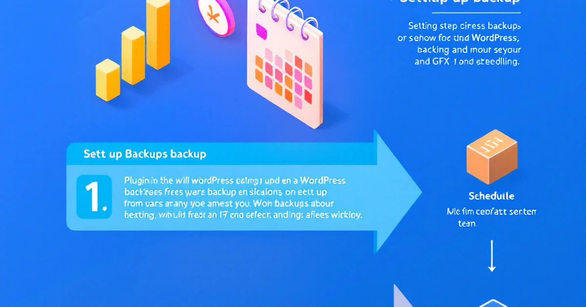 Isometric view of step-by-step WordPress backup setup, with plugin icons and a calendar.
