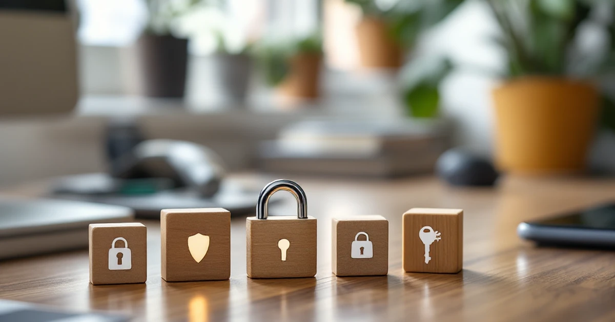 Product shot of security plugin icons on a wooden desk.