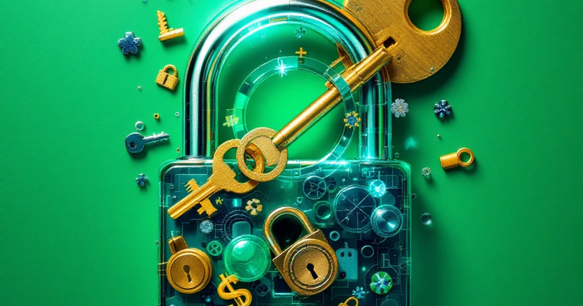 Abstract design of keys and locks on a green backdrop for budget-friendly security.
