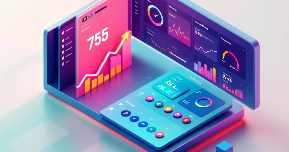 Isometric view of a digital dashboard with graphs and tools.