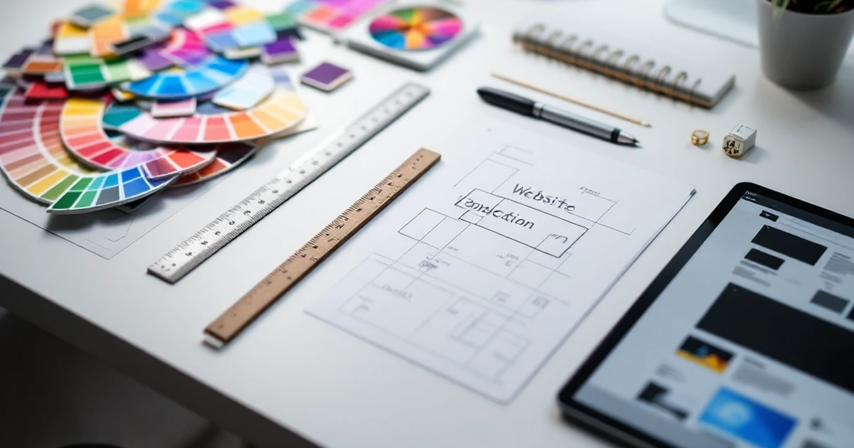 Design tools on a desk with color palettes and sketches.