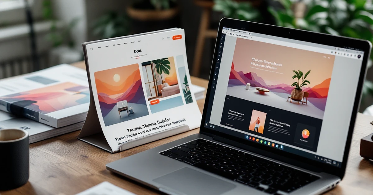 Designer’s desk with theme templates and laptop.