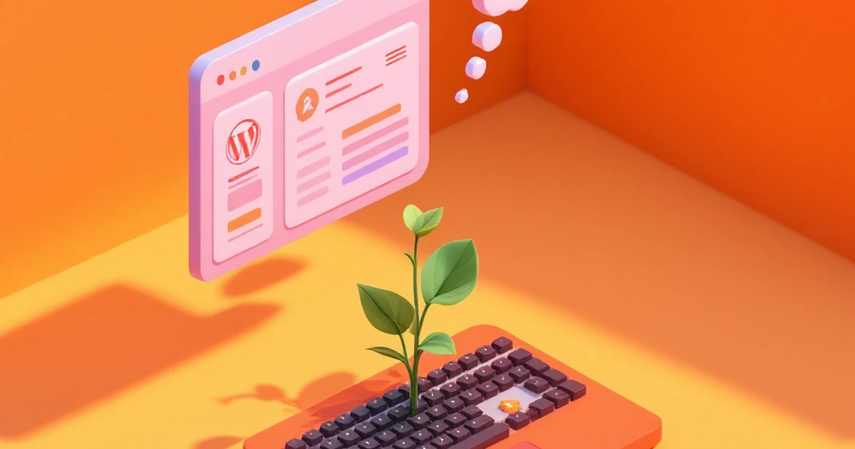 An isometric 3D illustration of a digital workspace with WordPress elements and ideas for content creation.