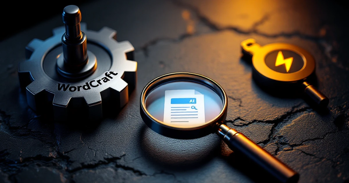 Three symbolic objects representing top AI writing plugins for WordPress, including a gear, a magnifying glass, and a lightning bolt.