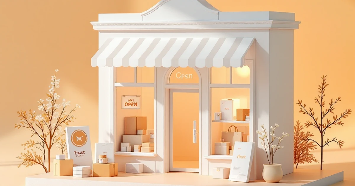 A symbolic white model storefront with product boxes, representing the importance of choosing the right theme for an online business.
