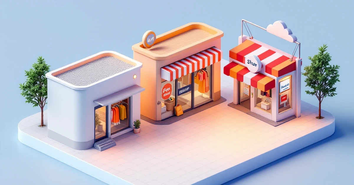 An isometric view of three different modern store designs, symbolizing the top picks for WordPress e-commerce themes.