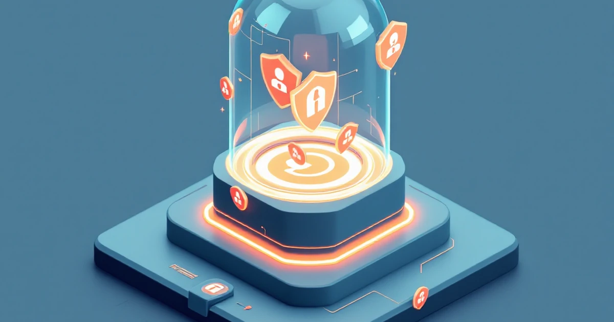 An abstract isometric illustration of a shield protecting a website from digital threats.