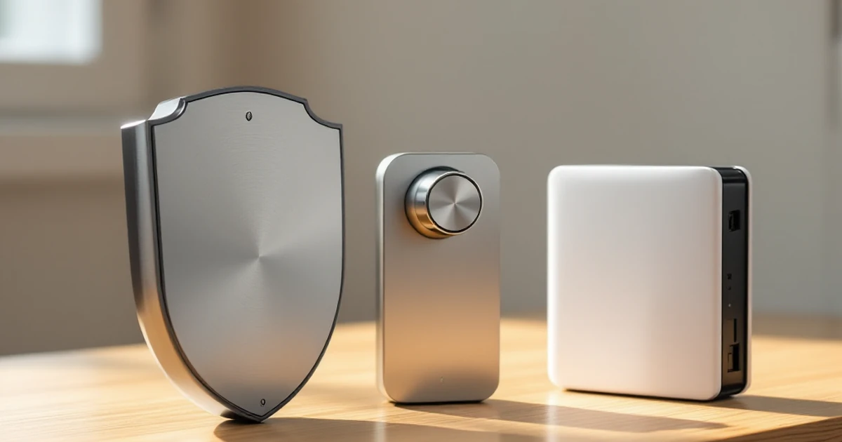 Three physical objects symbolizing different types of security tools on a wooden desk.