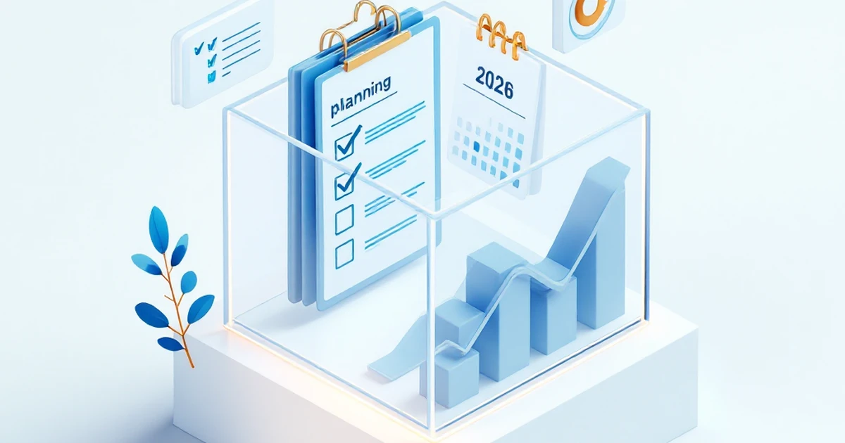 Isometric 3D render of business planning tools including checklist, calculator, and calendar for website preparation