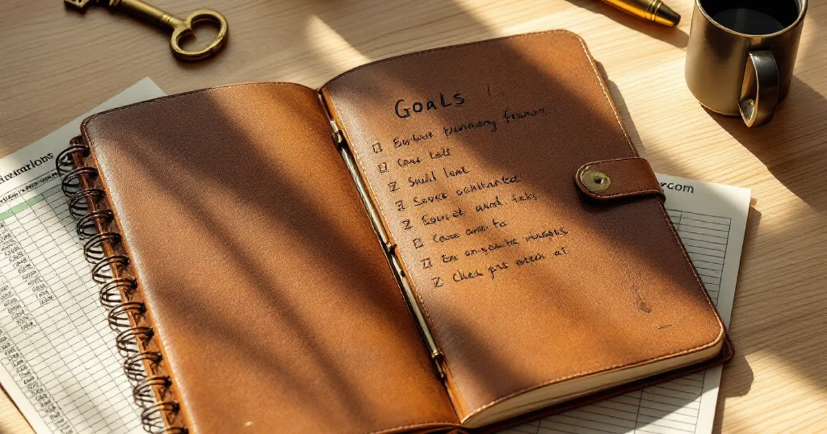 Business planning tools including notebook, key, and budget sheet on wooden desk for website preparation