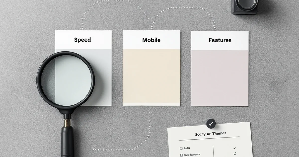 Flat lay showing theme evaluation process with color swatches, magnifying glass, and comparison chart