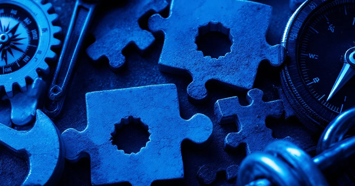 Abstract arrangement of puzzle pieces, tools, and compass representing website troubleshooting and solutions