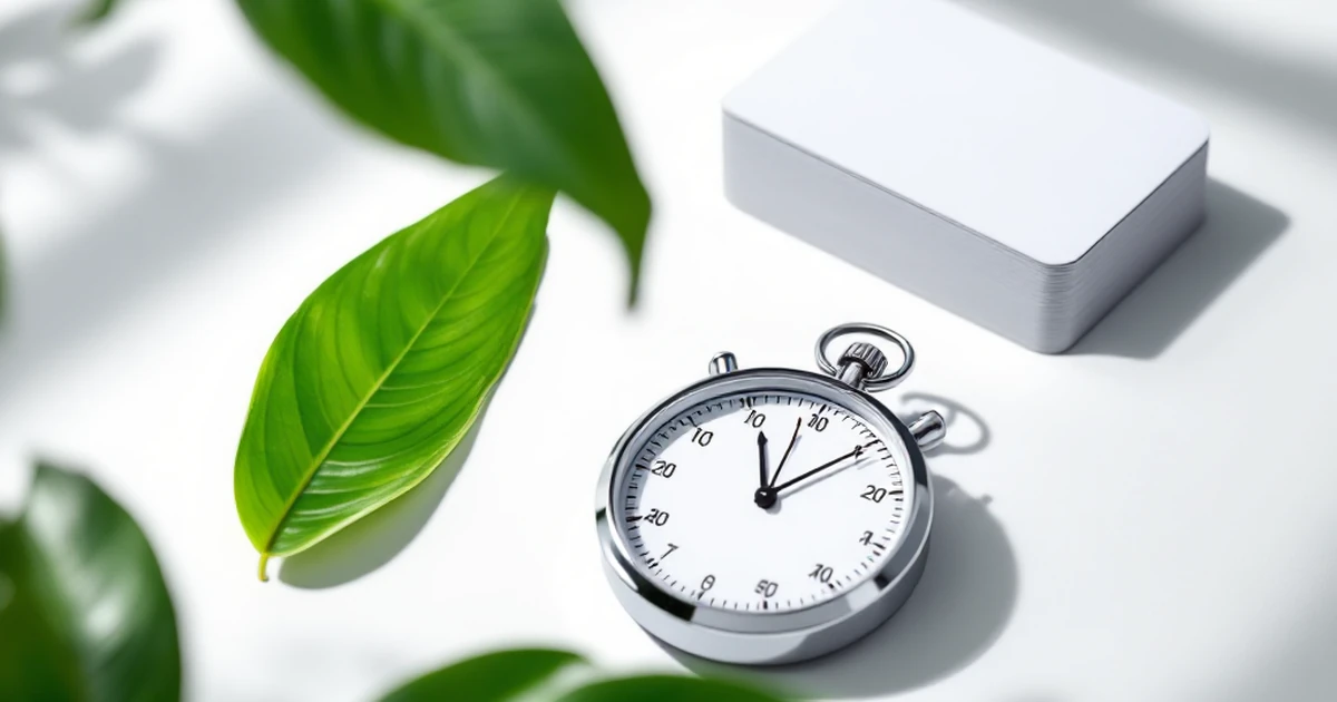 Stopwatch with business cards and leaf representing fast website loading