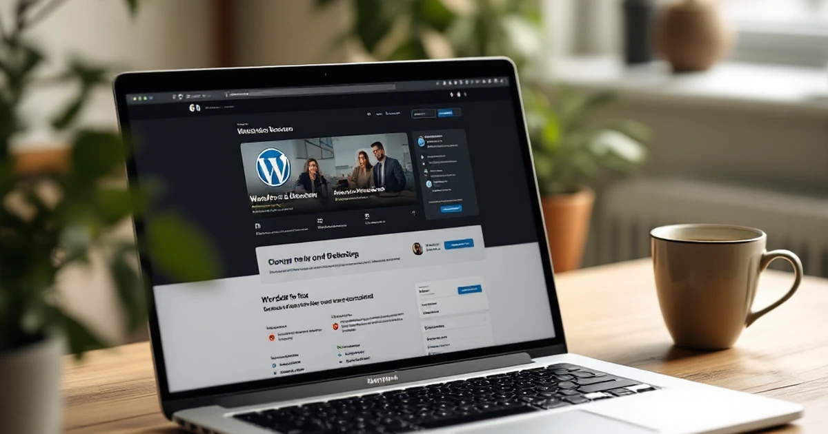 Wooden desk with laptop showing WordPress dashboard, notebook, and tea.