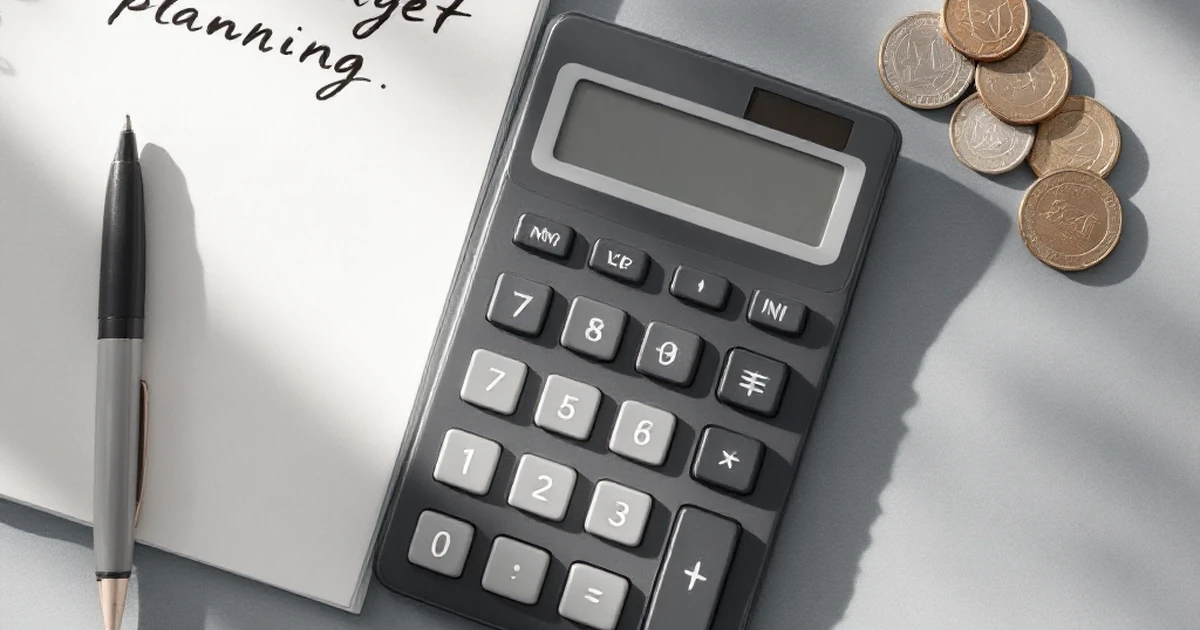 Calculator and notes on gray table for budget planning of website themes.