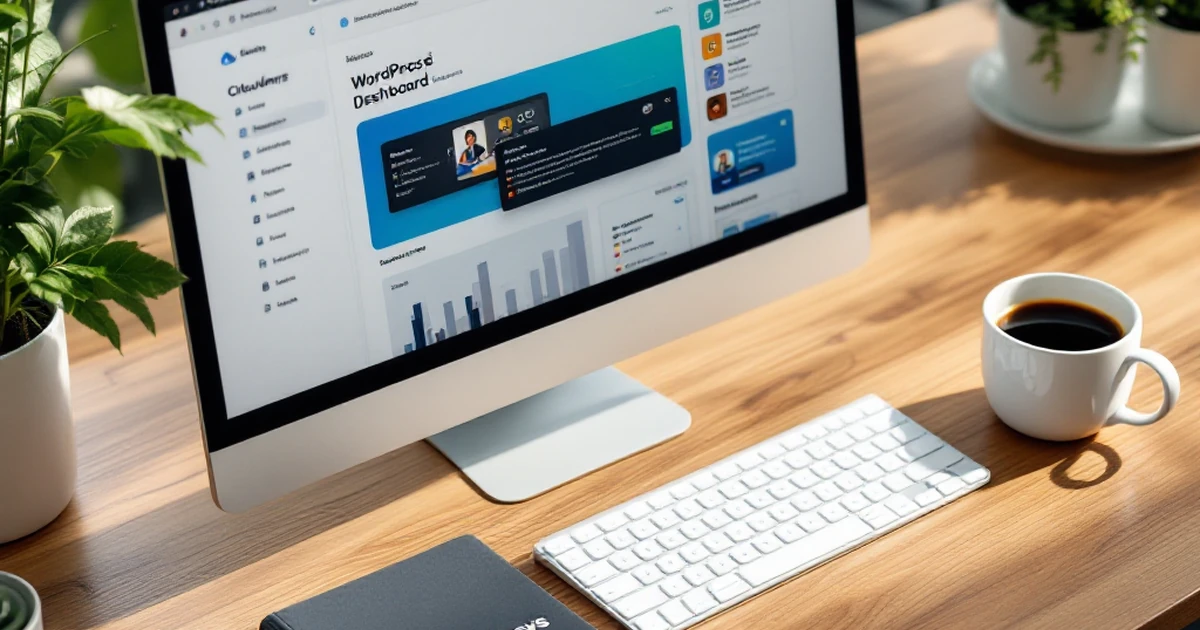 WordPress dashboard setup with Cloudways themed items on a desk.