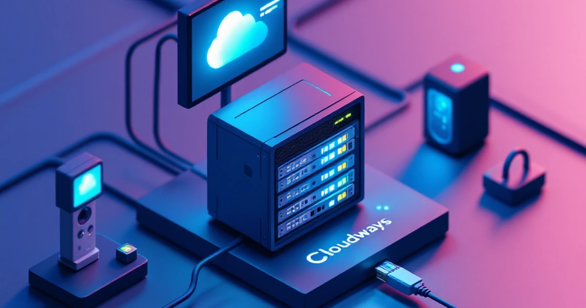 Isometric digital setup for WordPress optimization with Cloudways.