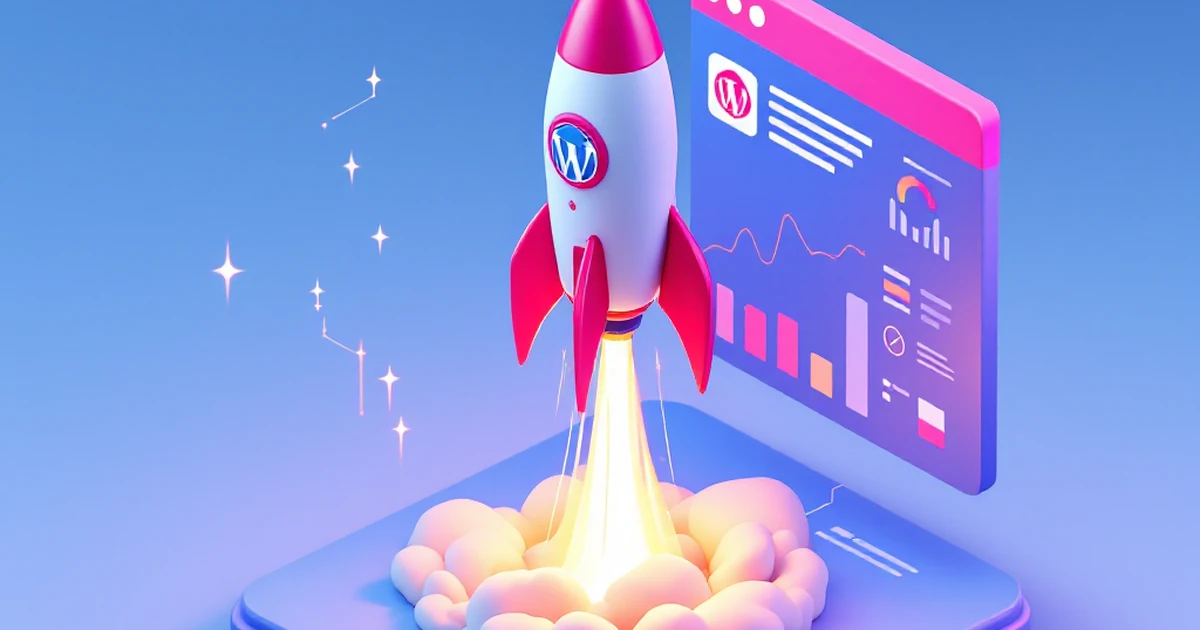 A 3D isometric illustration of a WordPress rocket taking off quickly from a dashboard, symbolizing a site speed boost.