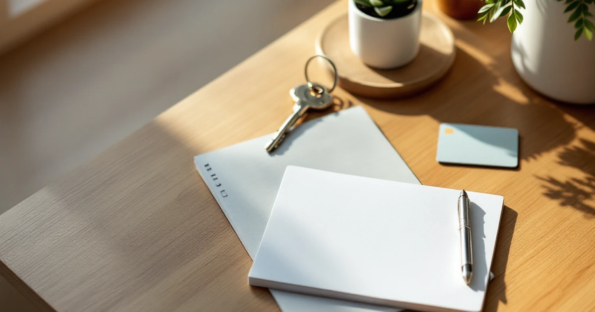 A desk with simple items needed to start a website: a notepad, a key, a plant, and a credit card in warm light.