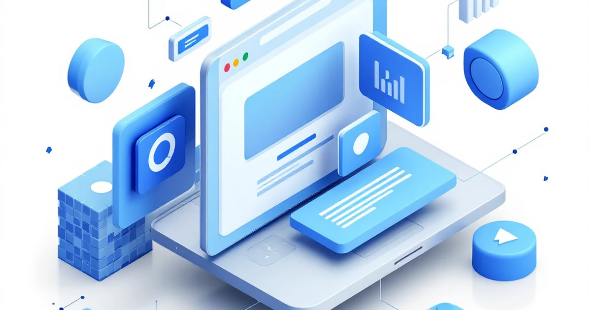 An abstract isometric illustration of a visual website builder interface with connecting modules.