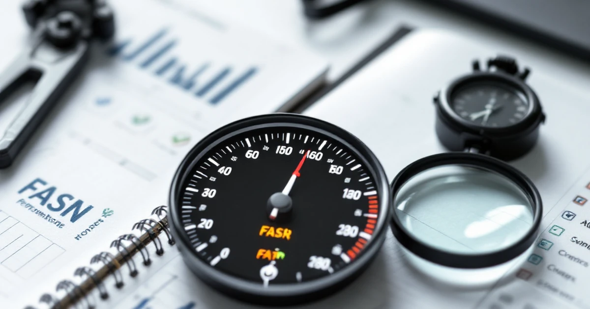 A workspace with a speedometer, stopwatch, and magnifying glass over a chart, representing website performance and speed testing.