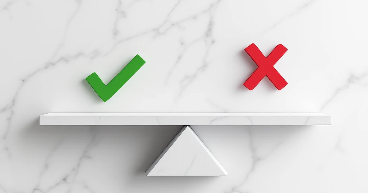 A balanced scale with positive checkmarks and stars on one side and a negative mark on the other, representing pros and cons.